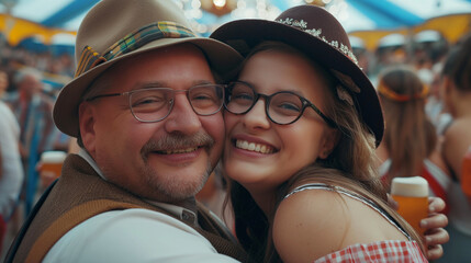 Wall Mural - Older man and young woman smiling and hugging at Oktoberfest.