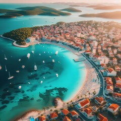  Aerial top view of seashore with turquose water and coastal city with red-roofed houses. Panorama of tourist town Rogoznica in Croatia on Adriatic Sea. Summer vacation and travel concept