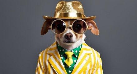 Dog in suit. Pet is dressed up in humorous, stylish suit complete with a tie for intellectual look. Trendy dog clothing for Funny humor. Dog with glasses and colorful costume 