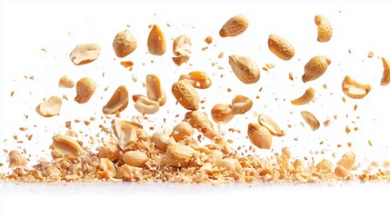 Dried peanuts floating in the air on a white background