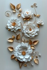 Wall Mural - floral wall art, in white and gold colors with a cream background