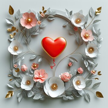 heart and flowers in the paper cut style