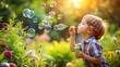 © Bounpaseuth - photography of a young child blowing bubbles in a garden, copy space for text