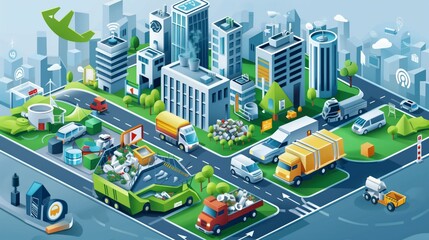 Wall Mural - A vibrant cityscape illustrating urban transport and waste management systems.