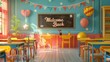 © kinara art design - A vibrant classroom decorated for a welcoming back event with colorful balloons and banners.