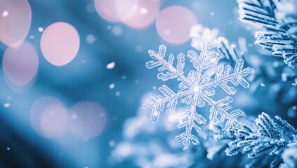 Poster - A Close-Up of a Delicate Snowflake on a Pine Branch