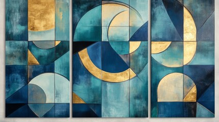 Set of Three Abstract Painting Geometric Wall Art Panels Featuring Blue and Gold Shapes