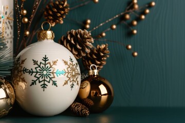 Wall Mural - Festive Holiday Greetings with Gold Ornaments and Pine Branches on Dark Green Background