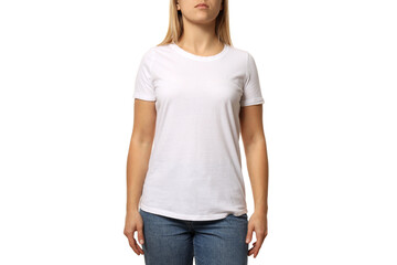 Sticker - PNG,A young woman in a white T-shirt, isolated on white background