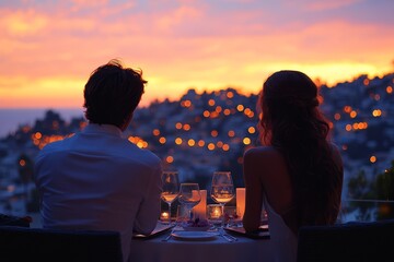 Wall Mural - A couple enjoying a sunset dinner on a rooftop ter 0478 silhouette, sunset, couple, love, woman, people, sky, romance, sun, romantic, family, beach, kiss, nature, boy, shadow, kissing, sunrise, sea, l