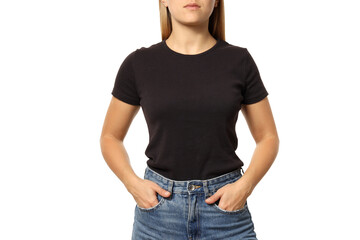 Sticker - PNG,A woman in a black T-shirt, isolated on white background