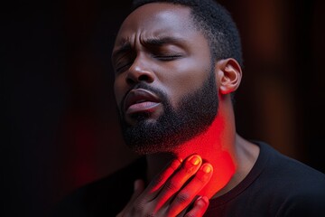 Poster - A person with a hand on their chest experiencing s 0371 black, face, person, handsome, people, guy, african american, expression, casual, smile, closeup, model, looking, beauty, head, hair, one, boy, 