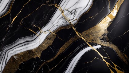 Wall Mural - Black marble surface with white and gold veins.