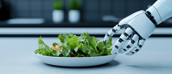 Canvas Print - A robot is touching a plate of salad