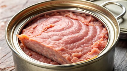 Close-up of a can of processed meat with a tab open, revealing a pinkish-gray block of meat, surrounded by white fuzz and a faint grease sheen.