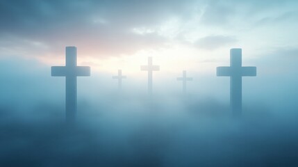 A group of four crosses are shown in a foggy sky