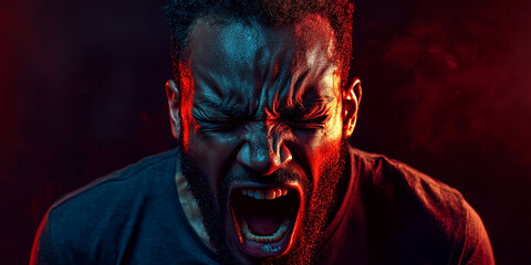 Poster - A man with short hair and a beard is screaming in anger against a background, generative AI