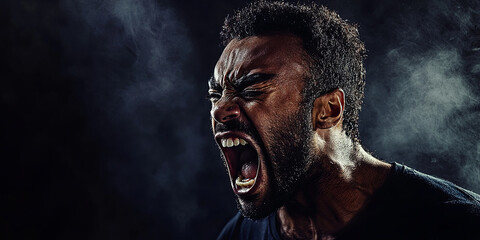 Canvas Print - A man with short hair and a beard is screaming in anger against a background, generative AI