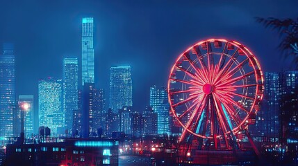 Sticker - Ferris Wheel Illuminating Cityscape at Night