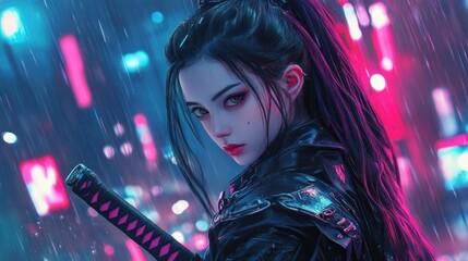 Wall Mural - Female samurai ninja asian cyberpunk anime style assassin cute face background wallpaper AI generated image