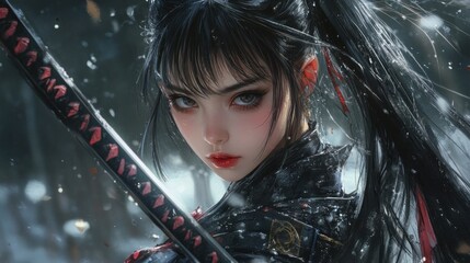 Wall Mural - Female samurai ninja asian cyberpunk anime style assassin cute face background wallpaper AI generated image