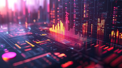 Poster - Futuristic digital interface with glowing bars and graphs