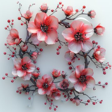 red flowers in the shape of an elegant wreath with a white ribbon