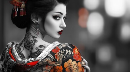 Wall Mural - Japanese model woman with tattoos on her back and dressed in traditional kimono background wallpaper AI generated image