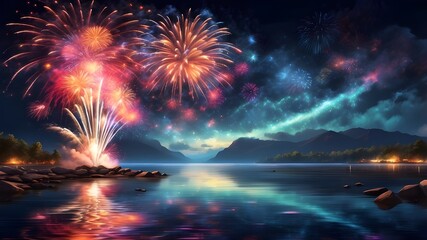 Wall Mural -  A grand fireworks display illuminating the night sky with vibrant colors, reflecting over a calm, serene body of water.