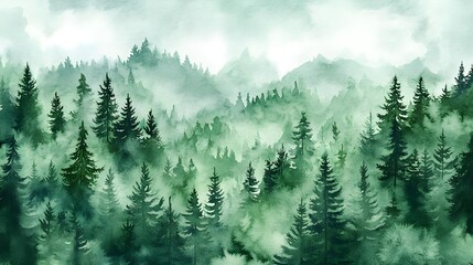 Wall Mural - Watercolor green landscape of forest hill