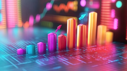 Poster - 3D Bar Graph with Upward Arrow Indicators on a Neon Background
