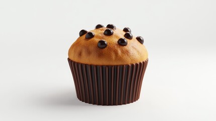 Wall Mural - Chocolate Chip Muffin with Brown Paper Wrapper on a White Background