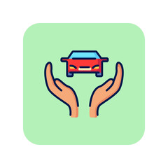 Poster - Care of car line icon. Human hands supporting vehicle. Car service concept. Can be used for topics like maintenance, inspection, insurance