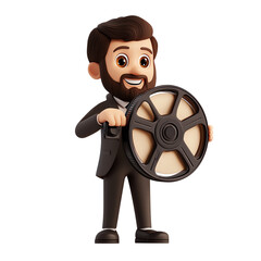 Wall Mural - 3d cartoon of a film reel held by a film director. on transparent background