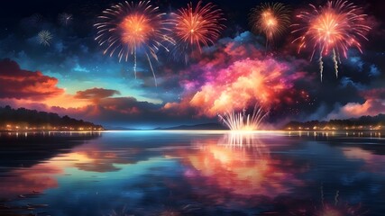 Wall Mural -  A grand fireworks display illuminating the night sky with vibrant colors, reflecting over a calm, serene body of water.