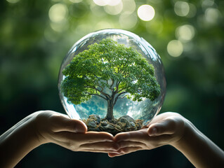 Excellent hand lush tree glass ball. Earth day concept