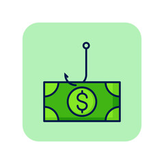 Poster - Money fishing line icon. Dollar banknote on hook. Finance concept. Can be used for topics like earning, investment, income, prize, phishing