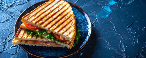 Grilled Sandwich with Tomato, Lettuce, and Ham on a Blue Plate