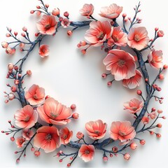 Sticker - circular wreath of flowers with ribbon on a white background