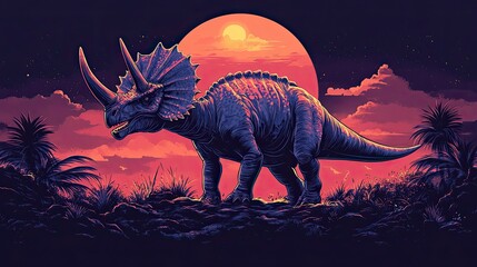 Sticker - A Styracosaurus Dinosaur Silhouette Against a Sunset