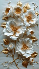 Sticker - 3D wall art design, white flowers with gold leaves elegant