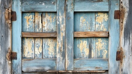 Weathered wooden shutters with peeling paint, creating a rustic and old-world charm.