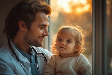 Pediatrician smiling at little girl patient by window