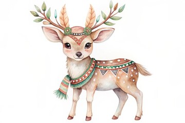 Cute Watercolor Deer with Antlers and Tribal Pattern.