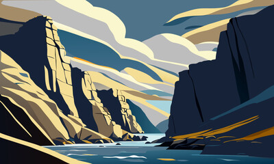 Sea inlet surrounded by mountains, vector illustration.