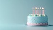 © savittree - Elegant birthday cake with flickering candles on a pastel blue background, minimalist design.