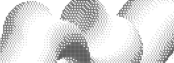 Poster - Pixelated curved gradient shape. Dotted dither squiggling texture background. Fluid undulate form for banner, poster, leaflet, brochure. Abstract rasterized overlay backdrop. Vector comic wallpaper