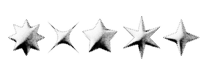 Poster - Gritty halftone grunge stars set. 3d dotted grainy star shape collection. Y2K bitmap gradient elements bundle. Pixel comic burst and sparkle design elements for poster, banner, flyer. Vector pack