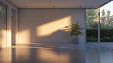 Wall Mural - Minimalist garage, empty and clean, soft pastel walls, smooth concrete floor