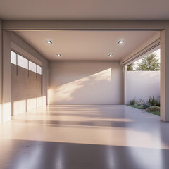 Wall Mural - Minimalist garage, empty and clean, soft pastel walls, smooth concrete floor